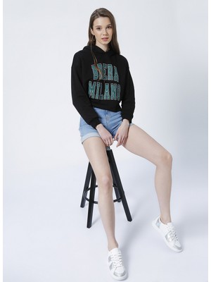 Limon Kapüşonlu Crop Baskılı Siyah Kadın Sweatshirt - FIONA