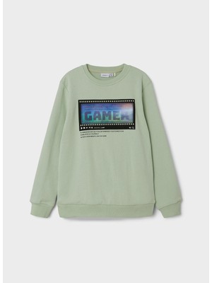 Name İt 13198777 Bisiklet Yaka Bol Kesim Baskılı Açık Yeşil Erkek Çocuk Sweatshirt