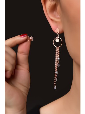 Papatya Silver 925  Ayar Gümüş Rose Kaplama Tekli Püsküllü Mistik Taşlı ve Tektaş Küpe