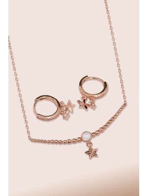 Papatya Silver 925 Ayar Gümüş Rose Kaplama Top Motifli Beyaz Ay Taşı Yıldız Kolye ve Küpe Set