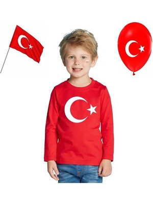 Dragora Bayrak Baskılı Uzun Kollu 23 Nisan 19 Mayıs 30 Ağustos 10 Kasım Süper Kalite  Çocuk T-Shirt