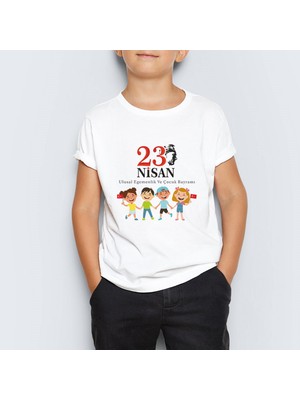 Morinna 23 Nisan Atatürk Baskılı Çocuk T-Shirt Kısa Kol Erkek Çocuk Pamuk-Polyester Günlük