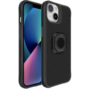 Apple iPhone 13 Kılıf Karbonfiber Yüzüklü Kapak Siyah