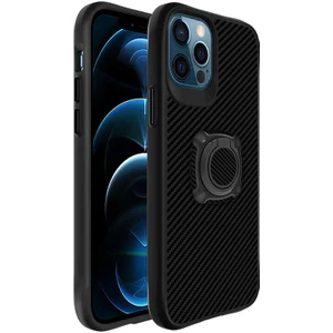 Apple iPhone 12 Pro Max Kılıf Karbonfiber Yüzüklü Kapak Siyah
