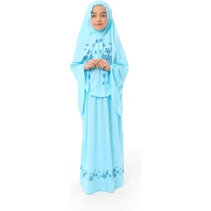 Kız Çocuk Namaz Elbisesi Yıldız Baskılı Uzun Başörtülü