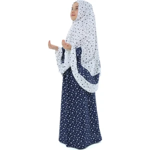 Kız Çocuk Namaz Elbisesi Larcivert Rengi Yıldız Baskılı Kemer Desenli