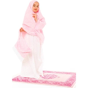 Kız Çocuk Namaz Elbisesi Pamuklu 4 Parçalı Set Pembe Baskılı