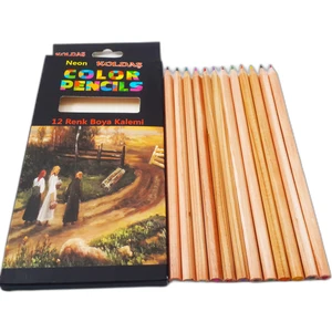 Mahi Max Neon Renkli Kuru Boya Kalemi 12'li Set Doğal Ahşap Kaplama ile