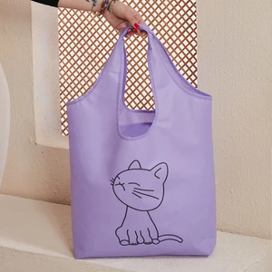 Kedi Baskılı Pembe Lila Siyah Yeşil Katlanır Tela Cüzdan Taşıma Alışveriş Plaj Pazar Market Çantası