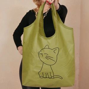 Kedi Baskılı Pembe Lila Siyah Yeşil Katlanır Tela Cüzdan Taşıma Alışveriş Plaj Pazar Market Çantası