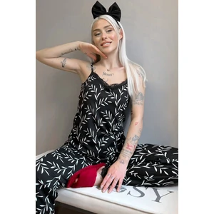 Pijama Evi Siyah Zeytin Dalı Dantelli Ip Askılı Örme Kadın Pijama Takımı