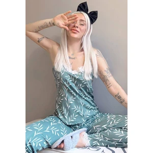 Pijama Evi Yeşil Zeytin Dalı Dantelli Ip Askılı Örme Kadın Pijama Takımı