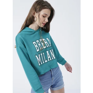 Kapüşonlu Crop Baskılı Yeşil Kadın Sweatshirt - FIONA