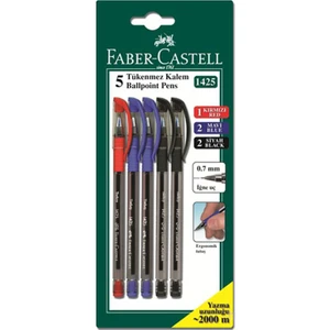 Faber Castell 1425 5 Renk Tükenmez Kalem - 2 Siyah+2 Mavi+1 Kırmızı 5'li 5500142550