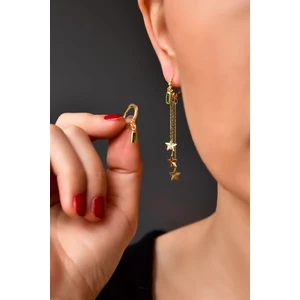 Papatya Silver 925  Ayar Gümüş Gold Kaplama Tekli Üçlü Zincir Yıldız ve Yeşil Baget Taşlı Halka Küpe