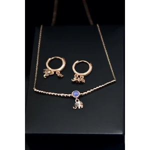 Papatya Silver 925 Ayar Gümüş Rose Kaplama Top Motifli Mor Ay Taşı Fil Kolye ve Küpe Set