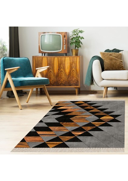 Geometrik Desenli Renk Bloklu Dijital Baskı Yıkanabilir Kaymaz Taban Modern Salon Halısı