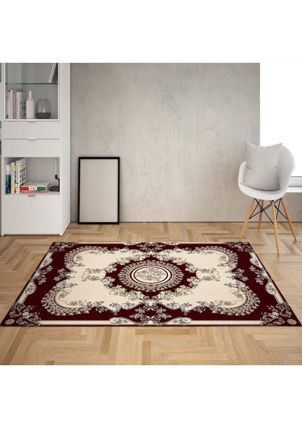 Osmanlı Motifler Desenli Etnik Dijital Baskı Yıkanabilir Kaymaz Taban Salon Halı ve Yolluk (Bordo)