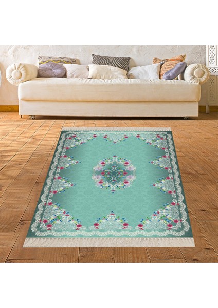 Çiçek Desenli Çerçeveli Dijital Baskı Yıkanabilir Kaymaz Taban Vintage Salon Halı ve Yolluk