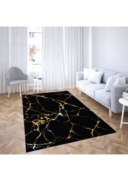 Mermer Desenli Gold Şeritli Dijital Baskı Yıkanabilir Kaymaz Taban Modern Salon Halısı ve Yolluk