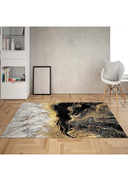 Mermer Desenli Gold Şeritli Dijital Baskı Yıkanabilir Kaymaz Taban Modern Salon Halısı ve Yolluk