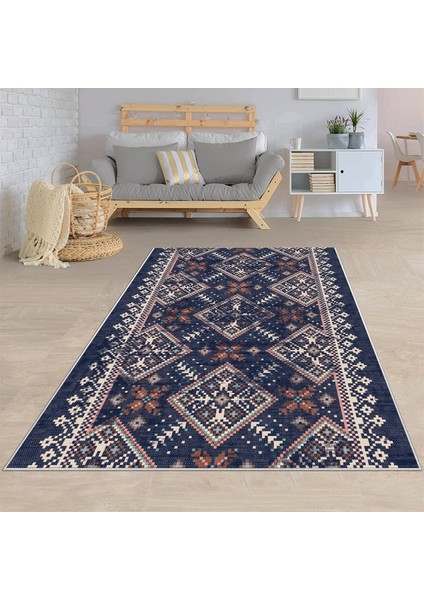 Geometrik Etnik Kilim Desenli Siyah Beyaz Dijital Baskı Yıkanabilir Kaymaz Taban Modern Salon Halısı