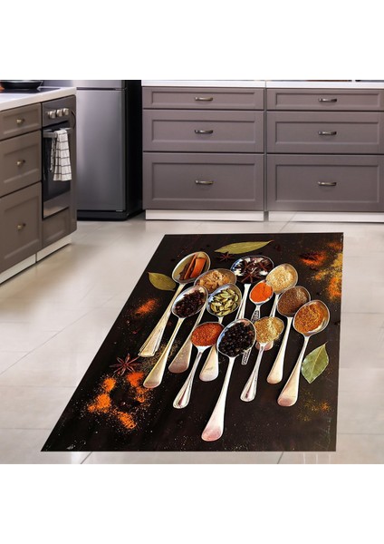 Baharat Desenli Defne Yaprak Dijital Baskılı Kaymaz Taban Yıkanabilir Leke Tutmaz Mutfak Halısı