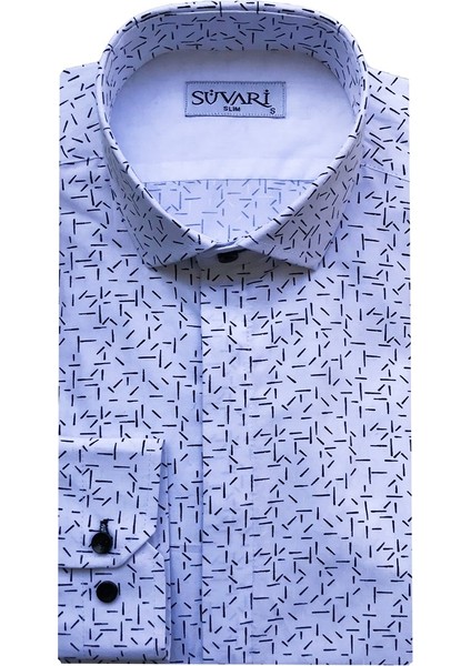 Slim Fit Baskılı Uzun Kol Gizli Düğme Detaylı Siyah Gömlek