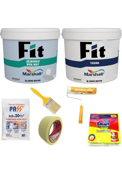 Fit Silikonlu Ipek Mat Iç Cephe Boyası 20KG + Fit Tavan Boyası 17,5 kg + 5 Parça Boyama Seti