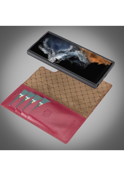 Samsung Galaxy S22 Ultra Uyumlu Deri Cüzdanlı Kılıf V4EF Kırmızı modelleri