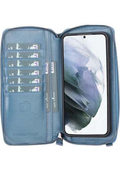 Samsung Galaxy S22 Plus Uyumlu Deri Fermuarlı Cüzdan Kılıf BRN4EF Mavi