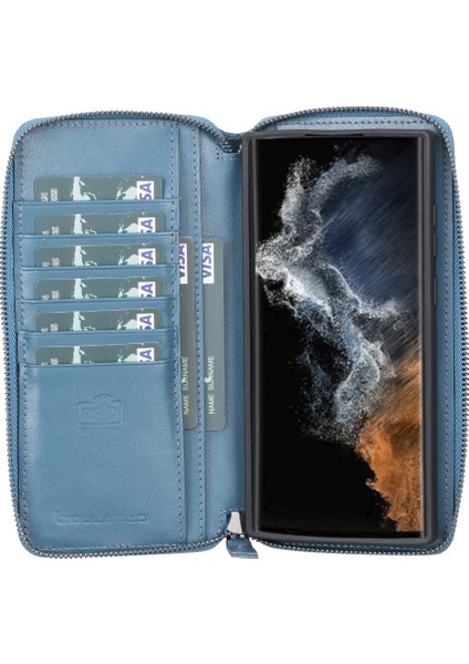 Samsung Galaxy S22 Ultra Uyumlu Deri Fermuarlı Cüzdan Kılıf BRN4EF Mavi