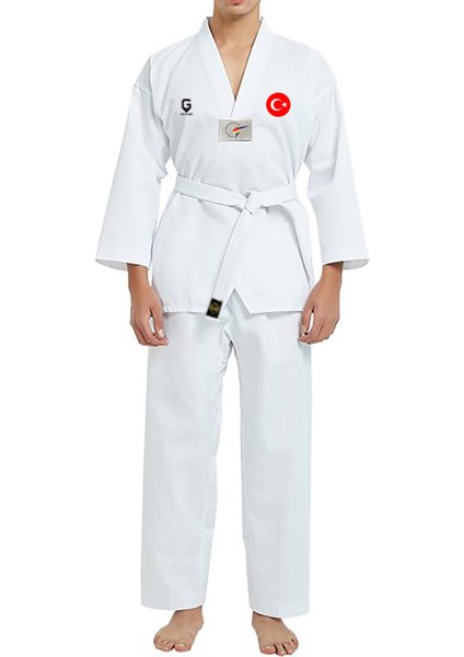 Top Glory Fitilli Beyaz Yaka Baskılı Taekwondo Elbisesi Dobok