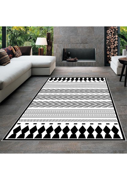 Geometrik Etnik Çizgi Desenli Siyah Beyaz Dijital Baskı Yıkanabilir Kaymaz Taban Modern Salon Halısı