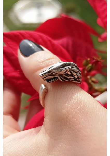 Antik Gümüş Kaplama Kurt Şekilli El Yapımı Ayarlanabilir Erkek Yüzük