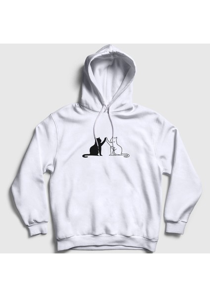 Unisex Beyaz Black And White Cats Kedi Kapüşonlu Sweatshirt