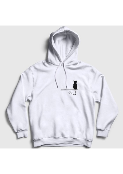 Unisex Beyaz Cat On The Wall Kedi Kapüşonlu Sweatshirt