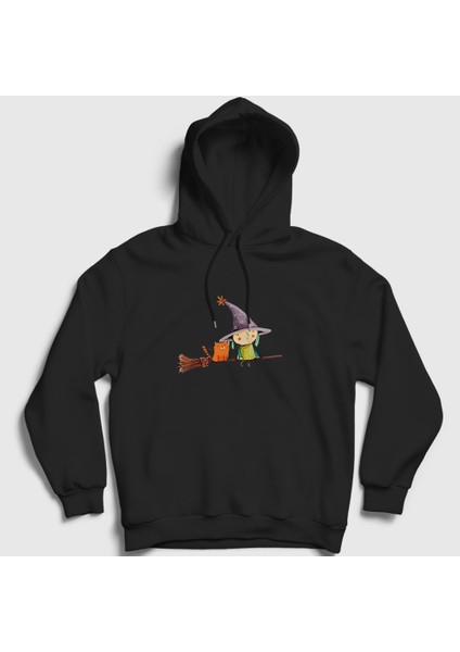 Unisex Siyah Cat And Witch Kedi Kapüşonlu Sweatshirt