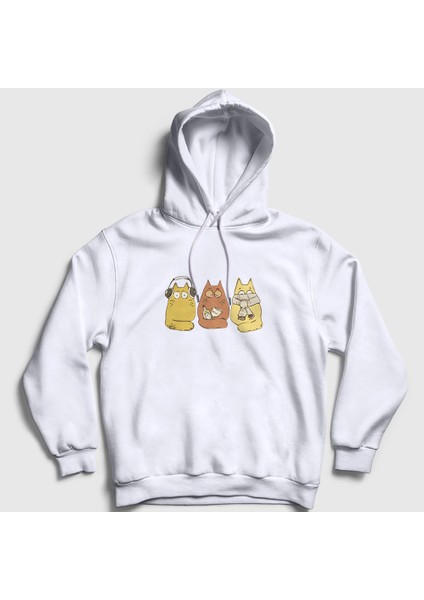 Unisex Beyaz Cat Brothers Kedi Kapüşonlu Sweatshirt