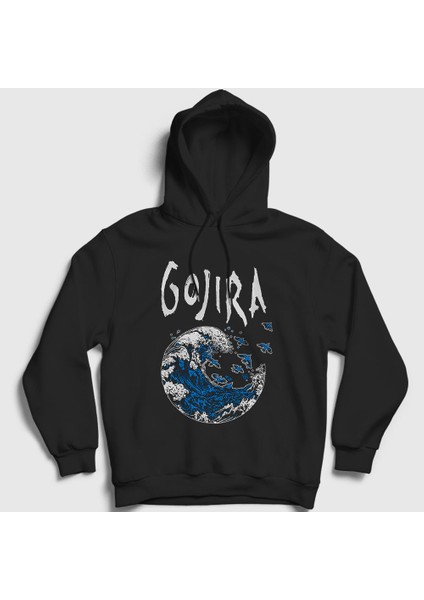 Unisex Siyah Kanagawa Wave Gojira Kapüşonlu Sweatshirt