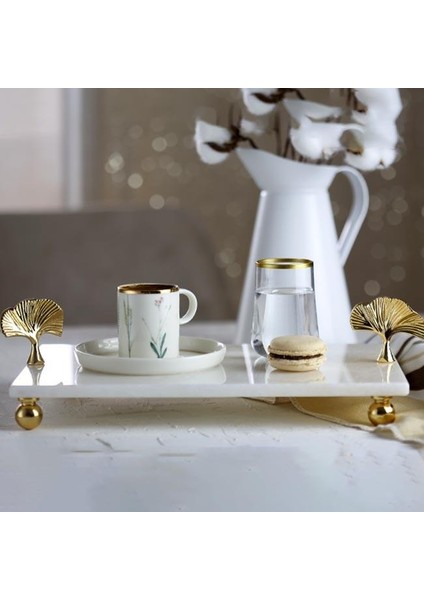 Mermer Beyaz 30 x 20 cm Altın Ayak Ginkgo Sunum Tabağı