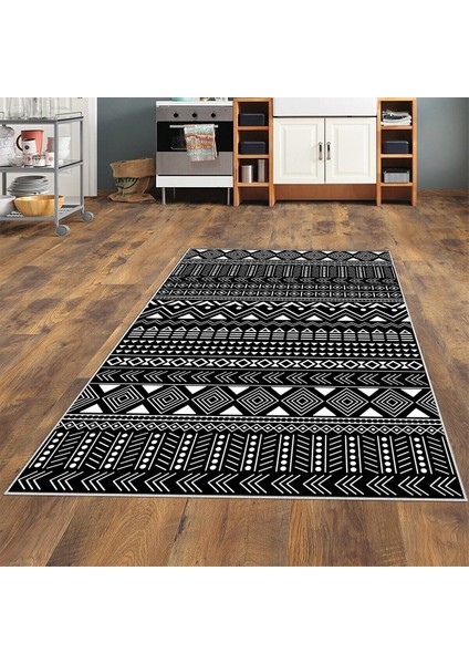 Geometrik Etnik Çizgi Desenli Siyah Beyaz Dijital Baskı Yıkanabilir Kaymaz Taban Modern Salon Halısı