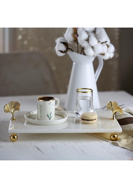 Mermer Beyaz 30 x 20 cm Altın Ayak Ginkgo Sunum Tabağı fiyatları