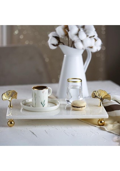 Mermer Beyaz 30 x 20 cm Altın Ayak Ginkgo Sunum Tabağı modelleri