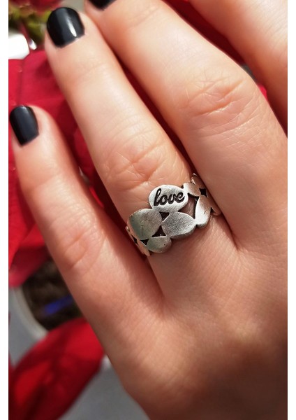 Antik Gümüş Kaplama Love Yazısı Şekilli El Yapımı Ayarlanabilir Unisex Yüzük