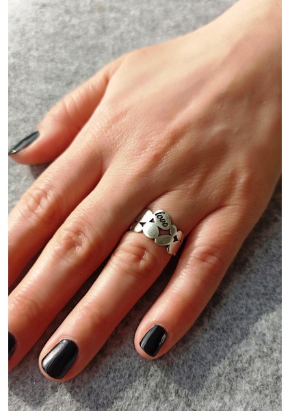 Antik Gümüş Kaplama Love Yazısı Şekilli El Yapımı Ayarlanabilir Unisex Yüzük modelleri