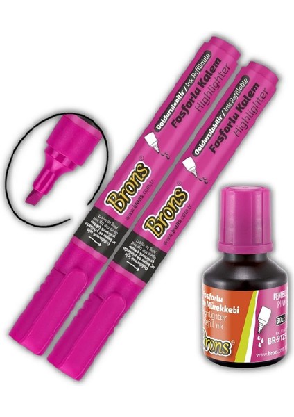 Fosforlu Kalem Pembe Doldurulabilir 2 Adet ve Mürekkebi 30ML 1 Adet