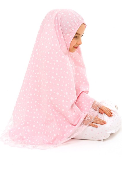 Kız Çocuk Namaz Elbisesi Pembe Rengi Yıldız Baskılı Dantel Detaylı modelleri