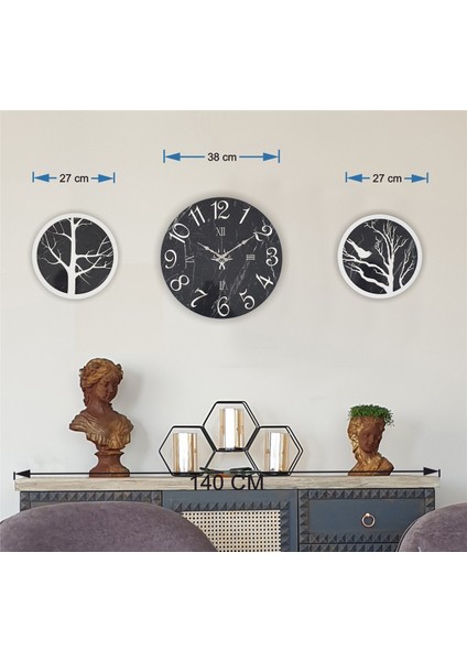 Mermer Desenli Duvar Saati ile Daldaki Kuş ve Hayat Ağacı Tablo