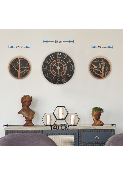 Mermer Desenli Duvar Saati ile Daldaki Kuş ve Hayat Ağacı Tablo